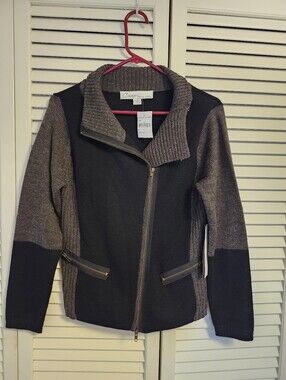 Curio New York Black and Brown Knit Jacket With Acymetrical Zipper